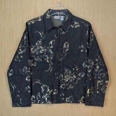 Chicos Denim Jacket Womens Large Embellished Beaded Floral Metallic Funky