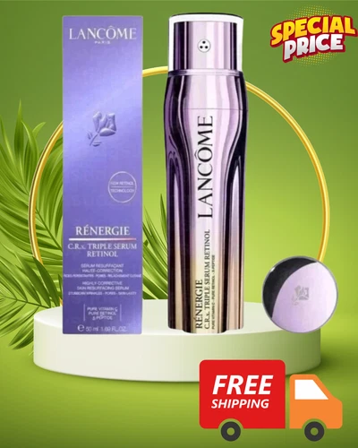 Black bottle of Lancome Renergie C.R.x Triple Serum Retinol with purple cap, white text, and green forest-themed label.