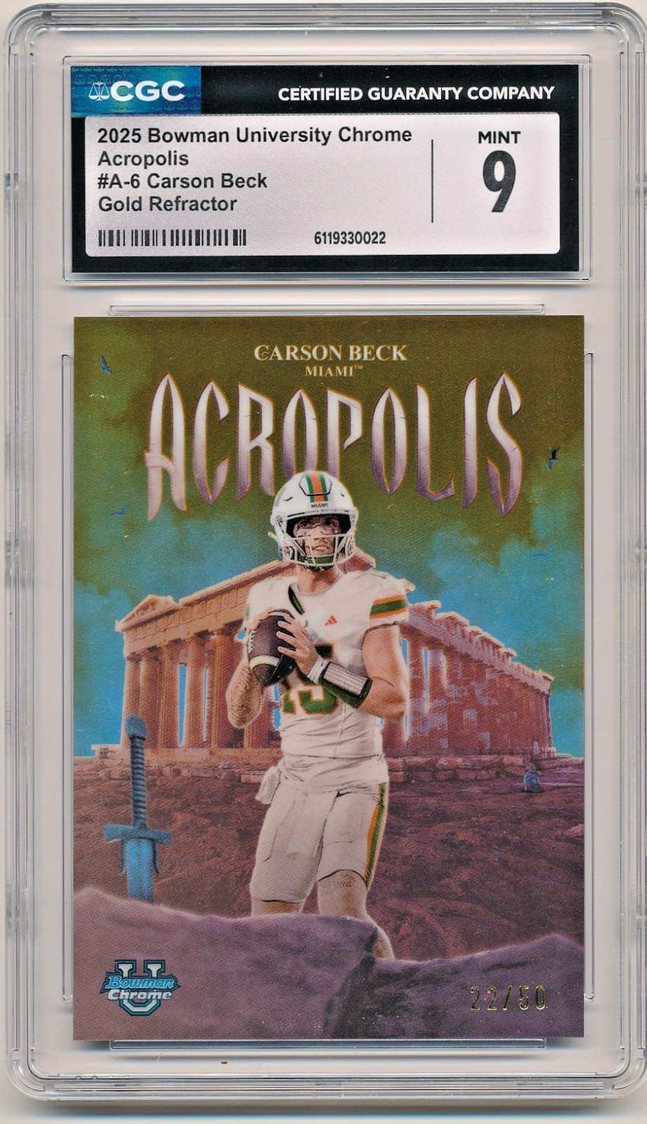 2025 Bowman University Chrome #A-6 Carson Beck Acropolis Gold /50 CGC 9