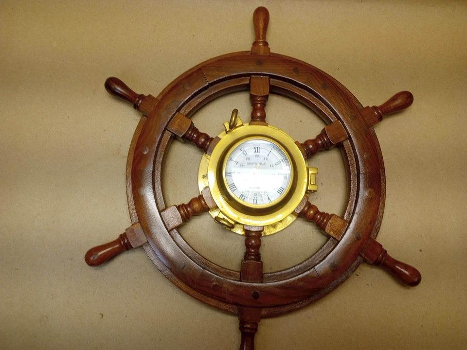 复古黄铜和木质时钟“Ship's Time”船舶车轮 19 英寸工作状态 — 第 2/4 张图片