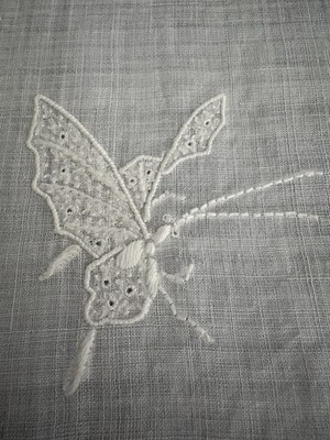 Vintage Embroidered Linen Tablecloth Semi Sheer Handwork Good Fortune  70  X 69 