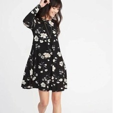 Women's M Old Navy Long Sleeve Knit Swing Black Floral Date Office Dress NWOT