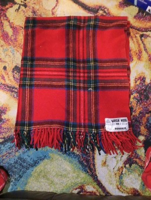 Vintage 100% Virgin Wool Romania Fringed Tartan Plaid Throw Blanket 50x45'' Red
