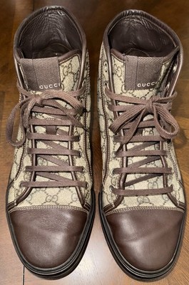 Gucci CALIFORNIA Brown Logo Men High Top Leather/ Canvas Sneakers Size 10