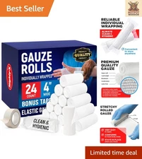 24-Pack 4" x 4.1yd Breathable Gauze Rolls - Individually Wrapped with Tape