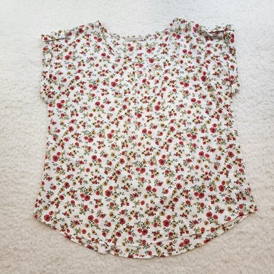 Active USA Tunic Cuff Short Sleeve Top L Pleated Neckline Floral Scoop Cottage