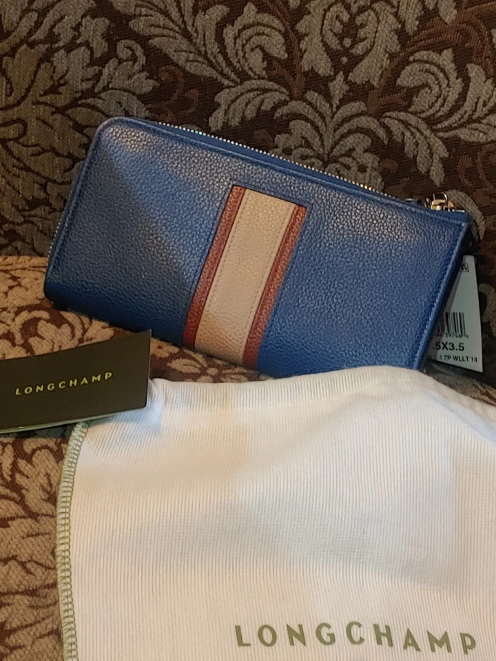 Cartera de cuero genuina Longchamp con cremallera en cuarto de cuarto azul zafiro tostado rojo a rayas nueva Foto 2 de 4