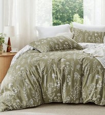 Queen Size Comforter Set - Olive Green Bohemian Floral Reversible Bedding - 3pc