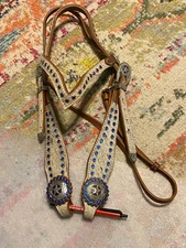 Used Western Working leather headstall faux fur blue gems  FREE SHIPPING