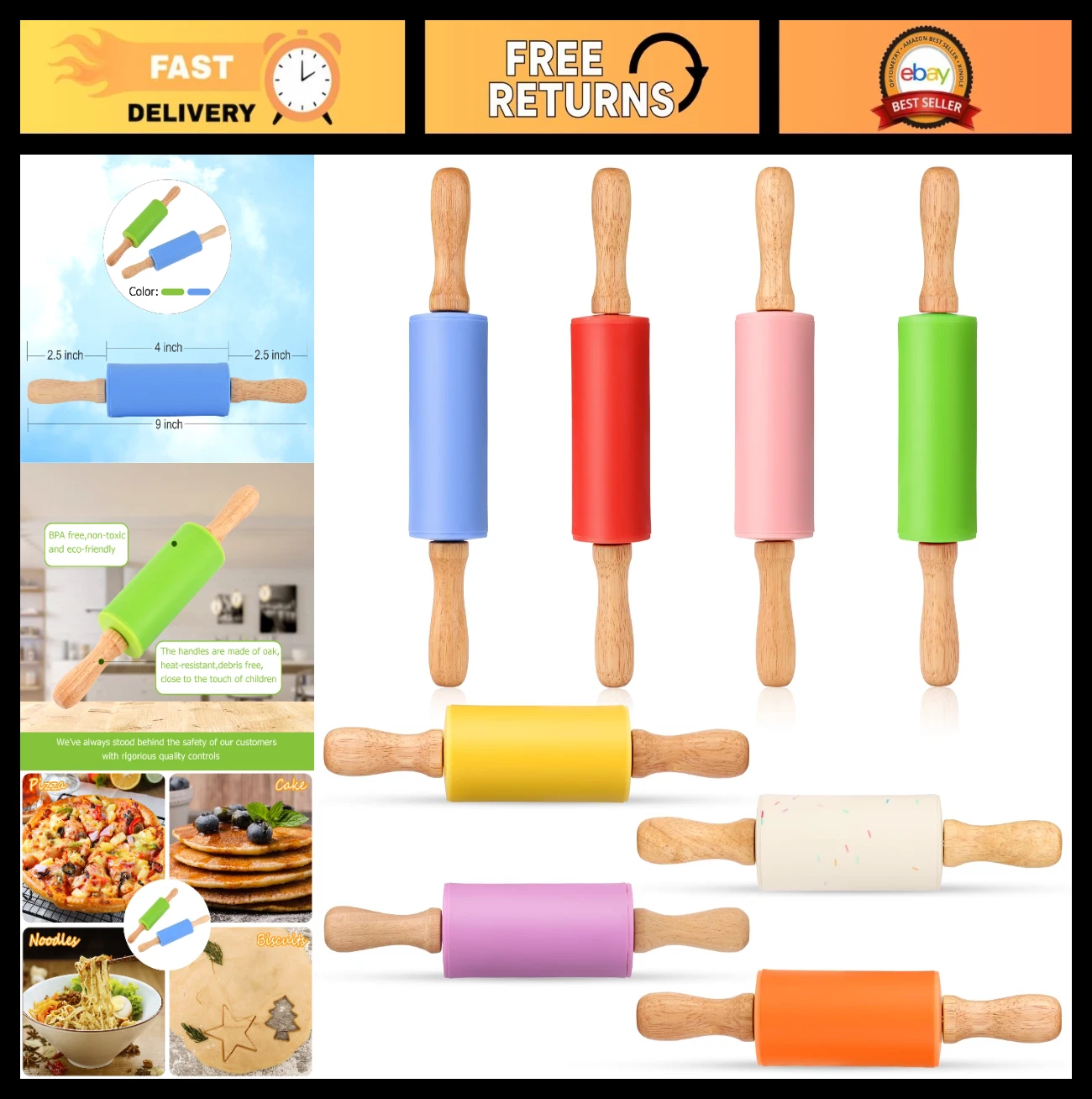Mini Silicone Rolling Pin Set for Kids - Non-Stick, Wood Handle, 9 Inch, 8 Pack