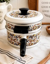 3 Pc MCM VTG 1970s Fancipans France Brown Orange Floral Enamel Double Boiler