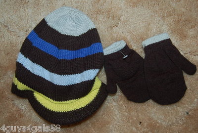 Toddler Boys Fleece Lined Knit Hat Mittens BLACK YELLOW BLUE