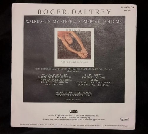 ROGER DALTREY - Walking In My Sleep GERMAN 45 RPM 7" Pic Sleeve THE WHO - Picture 2 of 6