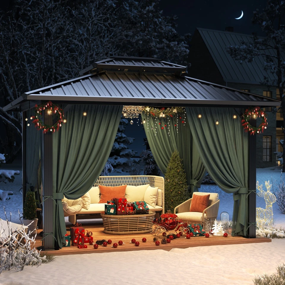 10'x12' Gazebo Hardtop Outdoor Double Roof Canopy with Curtains and Netting~NEW, - Image 4 of 4