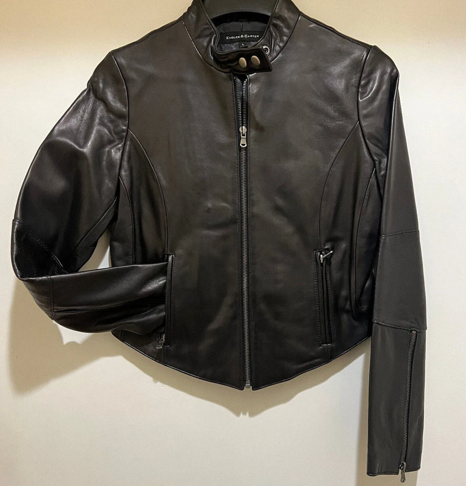 Chaqueta de cuero para mujer KNOLES & CARTER color negro piel de cordero hasta la cintura - NUEVA Foto 2 de 4