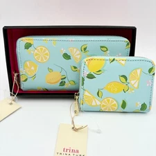 Trina Turk Lemon Print Wallet Set, Zip Around, Card Holder, Gift Box