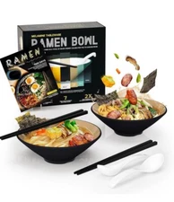 Ramen Bowls And Accessories Gift Set 2x 20oz Double-sided Black And Khaki