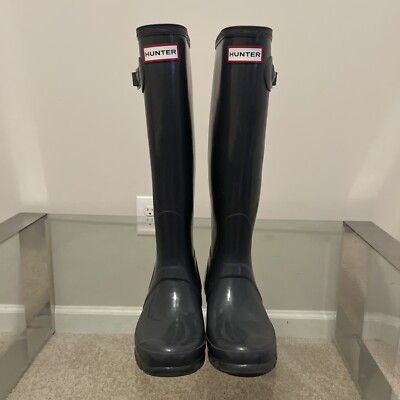 Hunter Womens Gray Original Gloss Tall Side Buckle Waterproof Rain