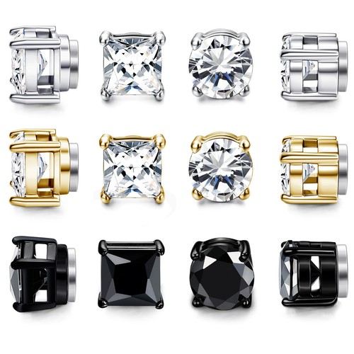 6 Pairs Magnetic Stud Earrings for Men Women Stainless Steel CZ Unisex Magnet...