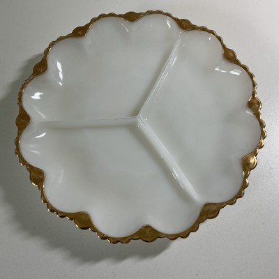 Vintage 1950 fire king milk glass relish dish three divided section Unmarked