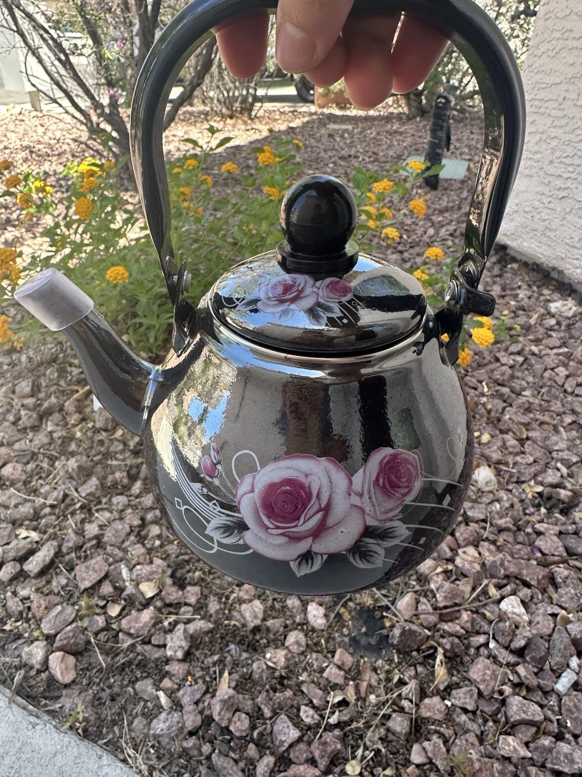 LONGFEI GROUP Vintage Enamel Stove Top Tea Kettle 1.0L Black Rose Floral