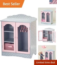 Doll Wardrobe Closet with Shelving, Hanging Rod - Pink/Grey