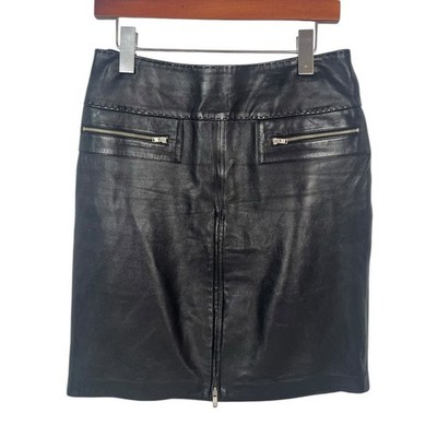 Cache 100% Leather Pencil Skirt Womens 4 Black Zip Accent Office Siren Baddie