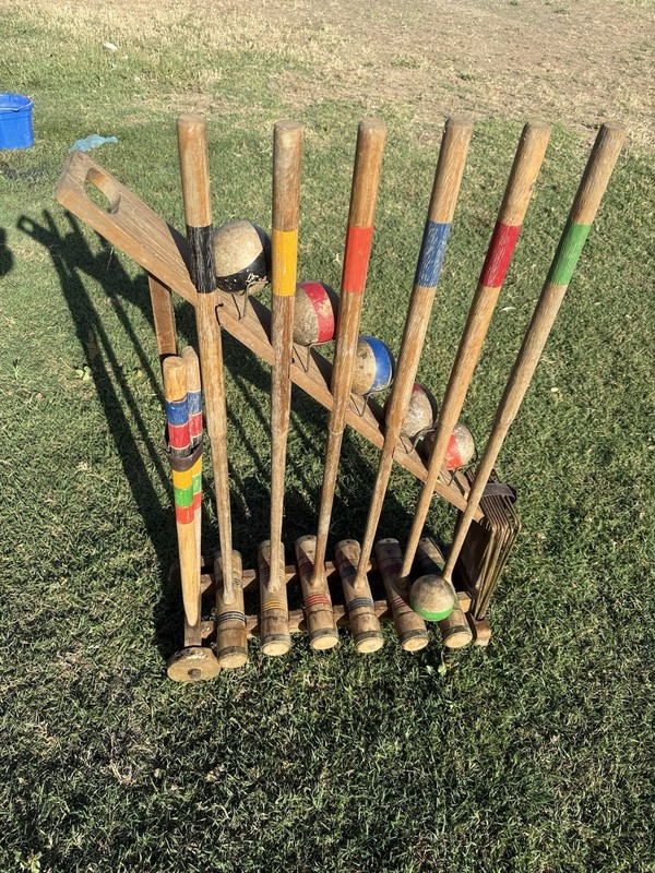 Restoration Hardware Croquet Set Wooden Mallets Colored Balls Stand MPN 36110445