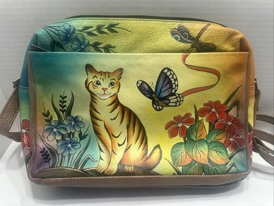 Anna by Anuschka Shoulder Bag Hand Painted, Cats and Flowers, Very Nice AAA