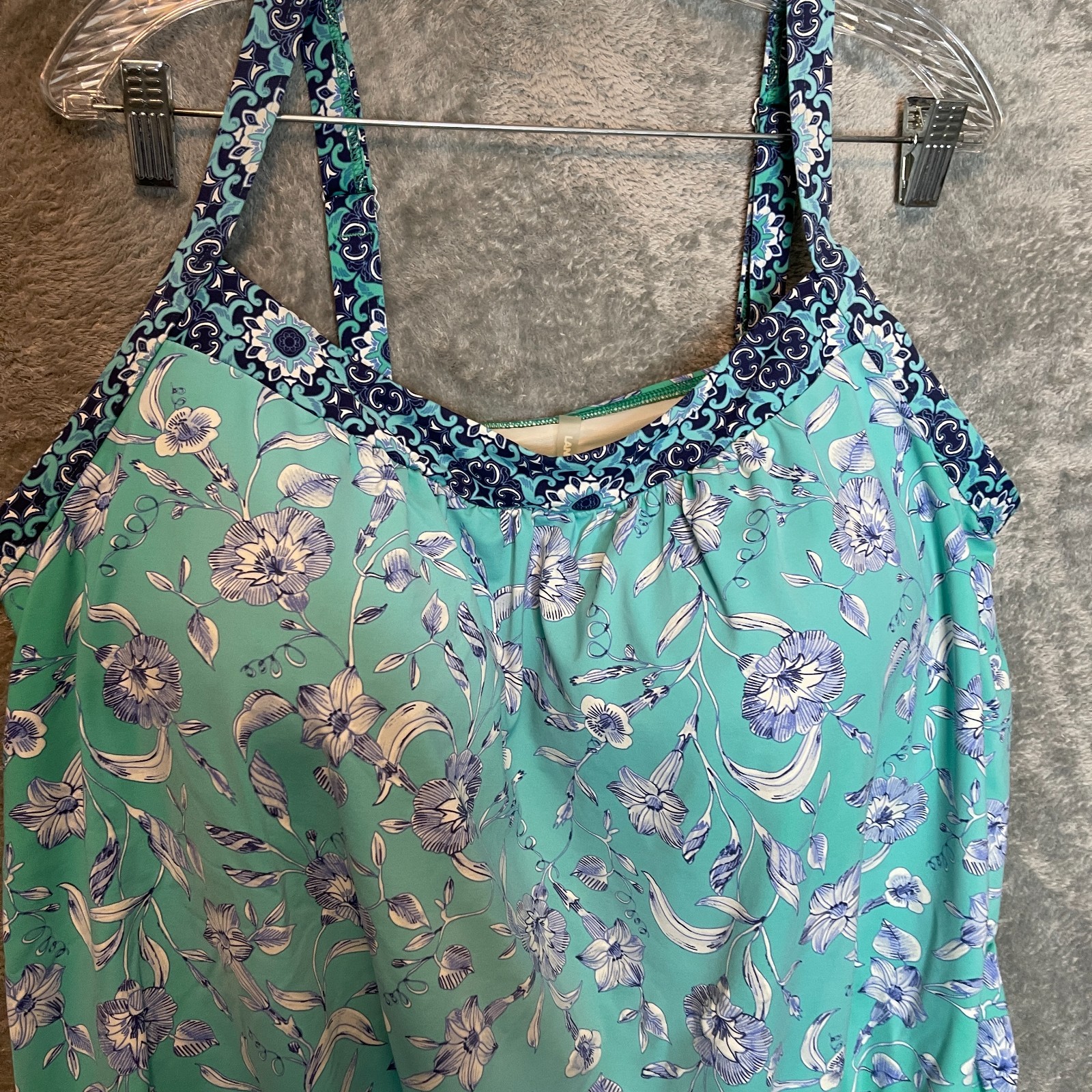 Lands End Women Blouson Tankini Swim Top 22W Plus Floral Blue Tummy Hiding