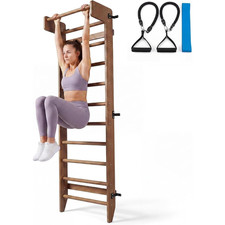 Home Fitness Wall Mounted Swedish Ladder Gym Pull-up Bar Natural Wood Band Ropes