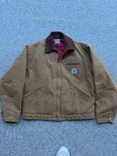 VTG 90s Carhartt Jacket Mens Large Detroit Tan Canvas Red Quilt USA