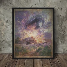 UFO CRASH Wall Art, Vintage Western Alien UAP Farm Poster, Cryptid Sci-fi Decor