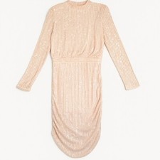 Shein Sequin Dress Womens Large Beige Long Sleeve Sparkly Bodycon Party Glam