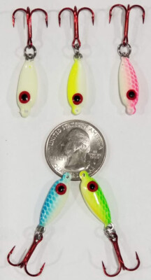 5 pk Ice Fishing Jigs Bleeding Bait Glow Red Crappie Perch Bluegill Walleye