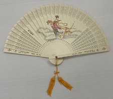 Vintage Chinese Handpaint Geisha Deer Cut Out Engraving Sandalwood Folding Fans