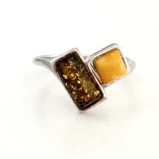 Vintage 925 Sterling Silver Baltic Honey Amber Double Stone Band Ring Size 7