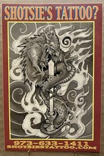 vintage SHOTSIE'S sword TATTOO SHOP STICKER 3.5 x 5.5" UNUSED NJ