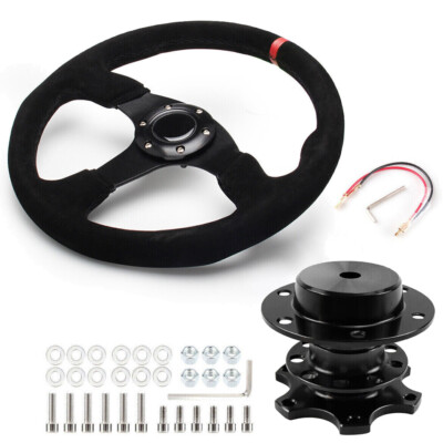 14'' 350mm Racing Suede Leather Steering Wheel W/ Horn Button & Quick Release Kit