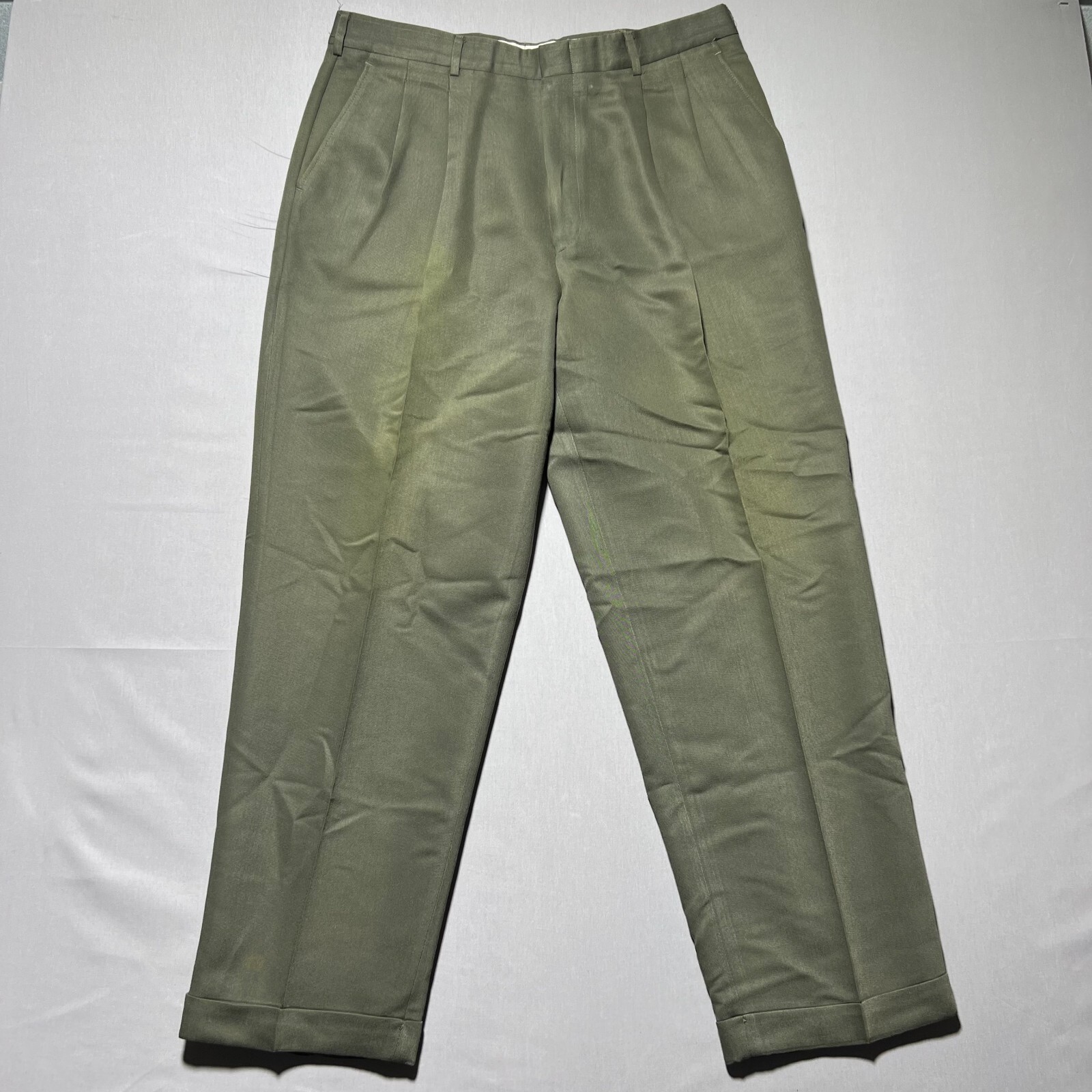 Pantalone elegante uomo Yves Saint Laurent verde vita alta plissettato gamba dritta taglia 34
