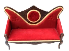 Vtg Large Doll Art Deco Victorian Couch Settee Red Velvet  / Wood Sofa Taiwan