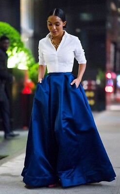 Blue Taffeta Skirt Women Long Pleated Skirt High Waist Ruffle Party Wear Skirt