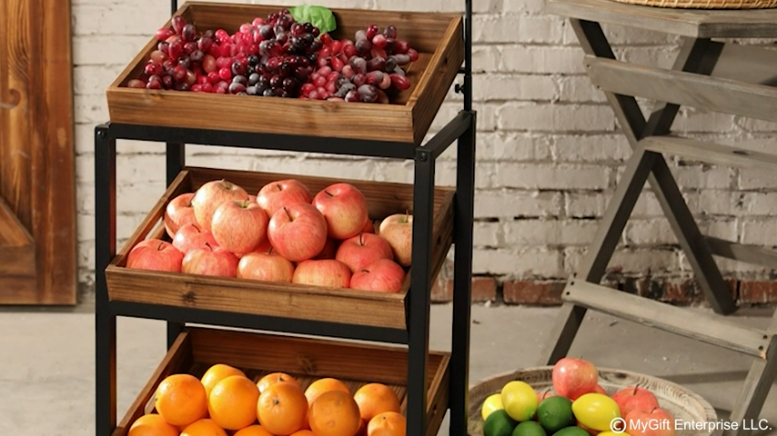 MyGift 3-Tier Vintage Metal & Burnt Wood Produce Stand with