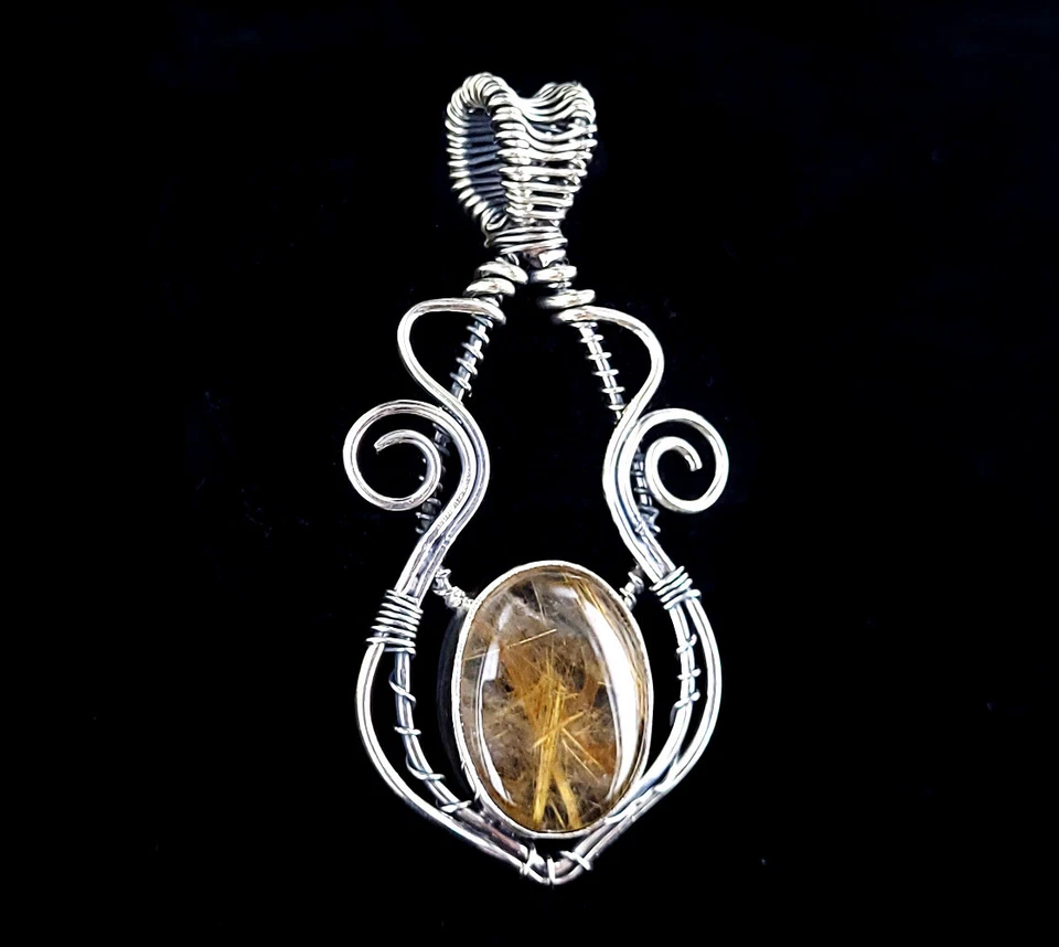 Artigianale Argento Sterling Dorato Rutilato Quarzo Filo Avvolgere Collana 2.75 - Immagine 3 di 4