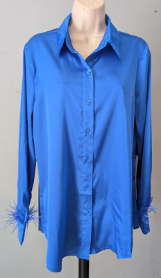 LIFE Love Is For Eternity Women M  Royal Blue Long Sleeve Blouse w/feathers NWT