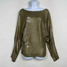 London Rag Khaki Green Batwing Full Sleeve Metallic Distressed Sweater Medium