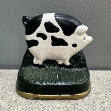 Vtg Cast Iron Hand Painted Pig Door Stop Shelf Sitter Bookend 4” Country Farm