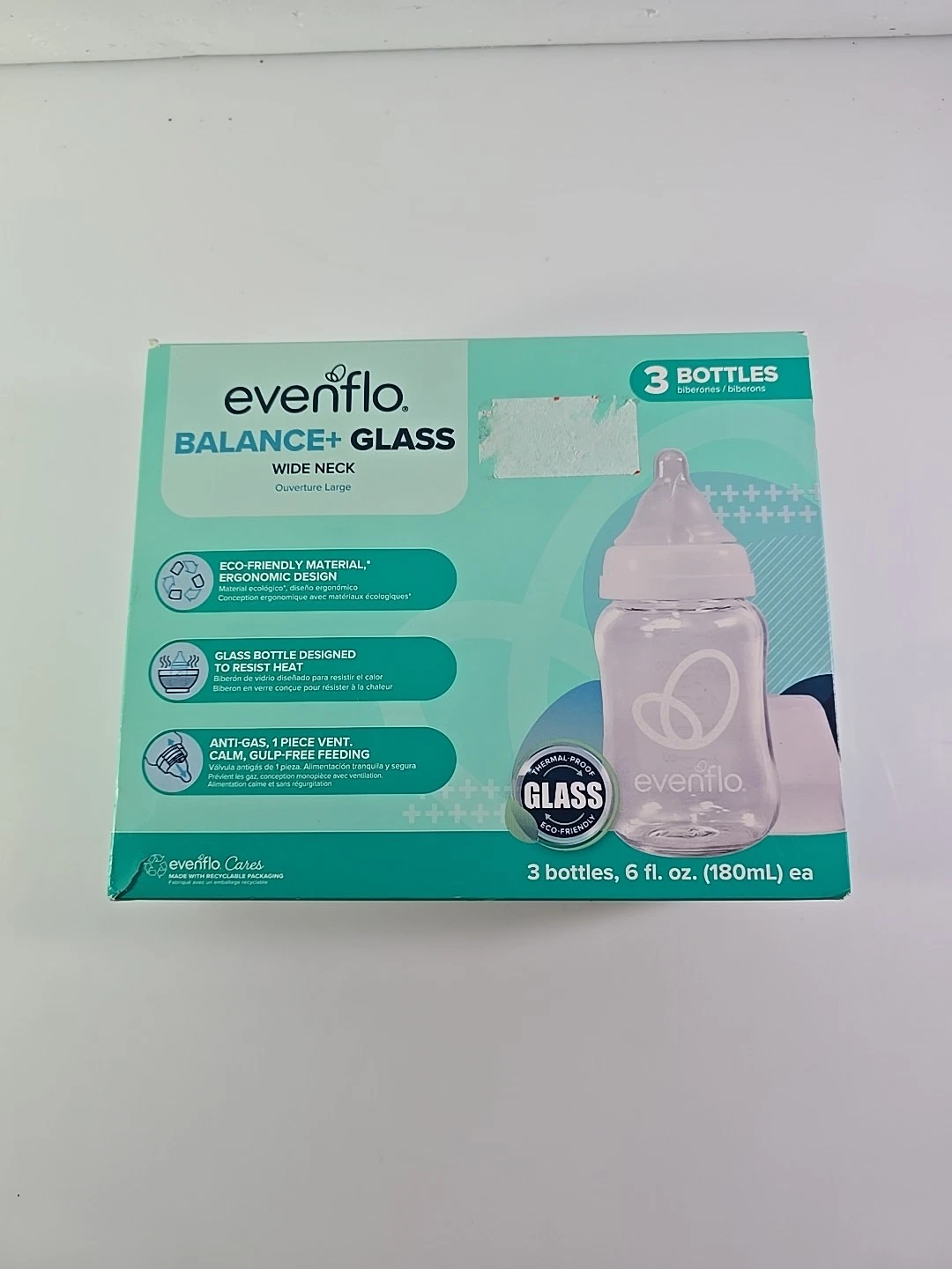Evenflo Balance Wide-Neck Glass Anti-Colic Baby Bottles - 6oz (3 Pack) ~NEW~