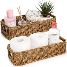 2 Pack Toilet Tank Basket with Handwoven Built-In Handle  Rectangular Wicker Sh