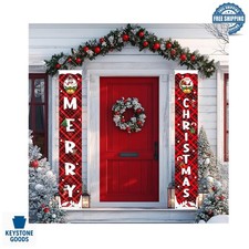 Christmas Porch Banner Set - Red Buffalo Check Santa Snowman Decorations, Ind...